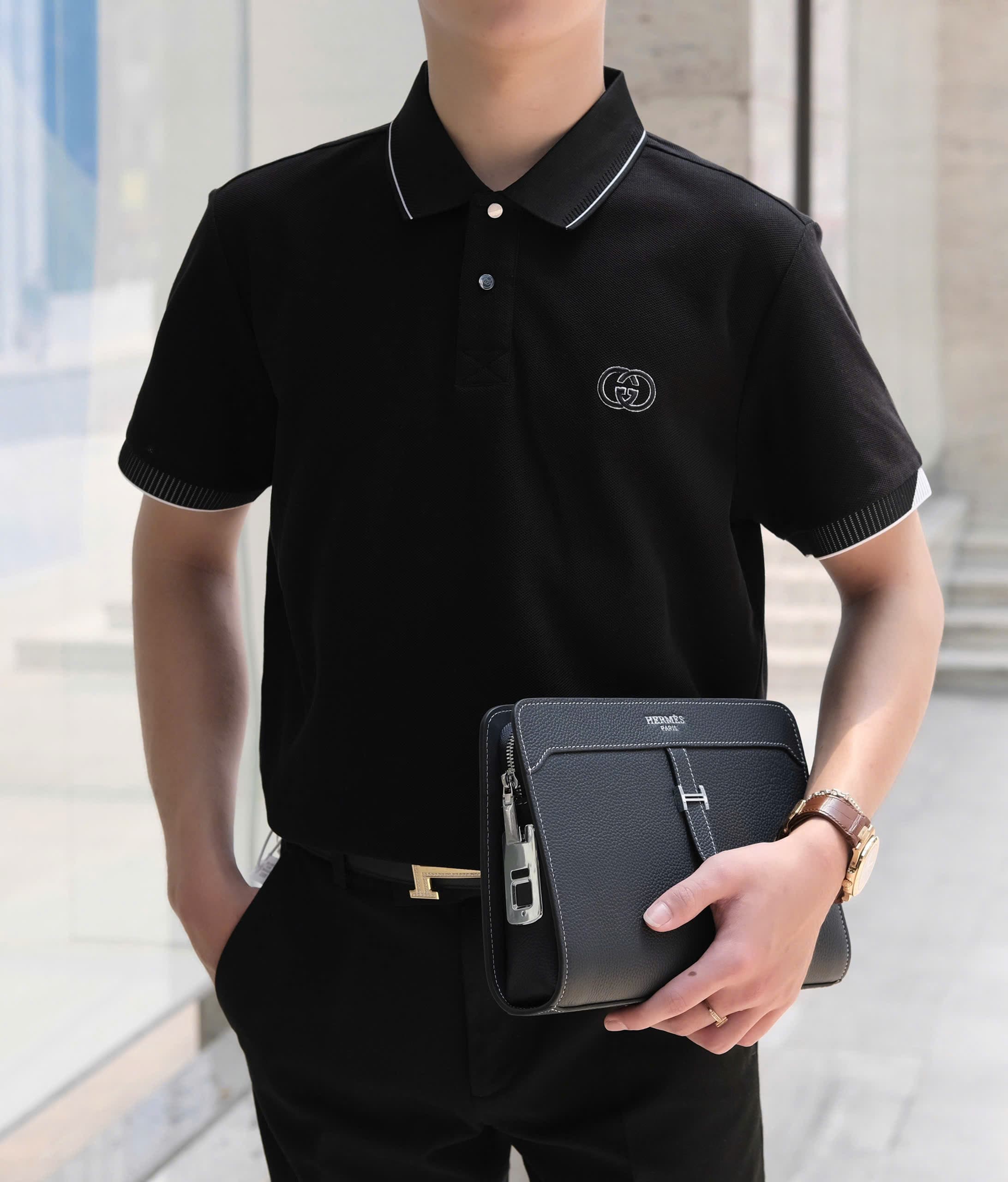 ÁO POLO GUCCI GC KẺ SỌC ĐEN TRẮNG LOGO THÊU WASH NGỰC LIKE AUTH M-XXL DDT\ĐEN