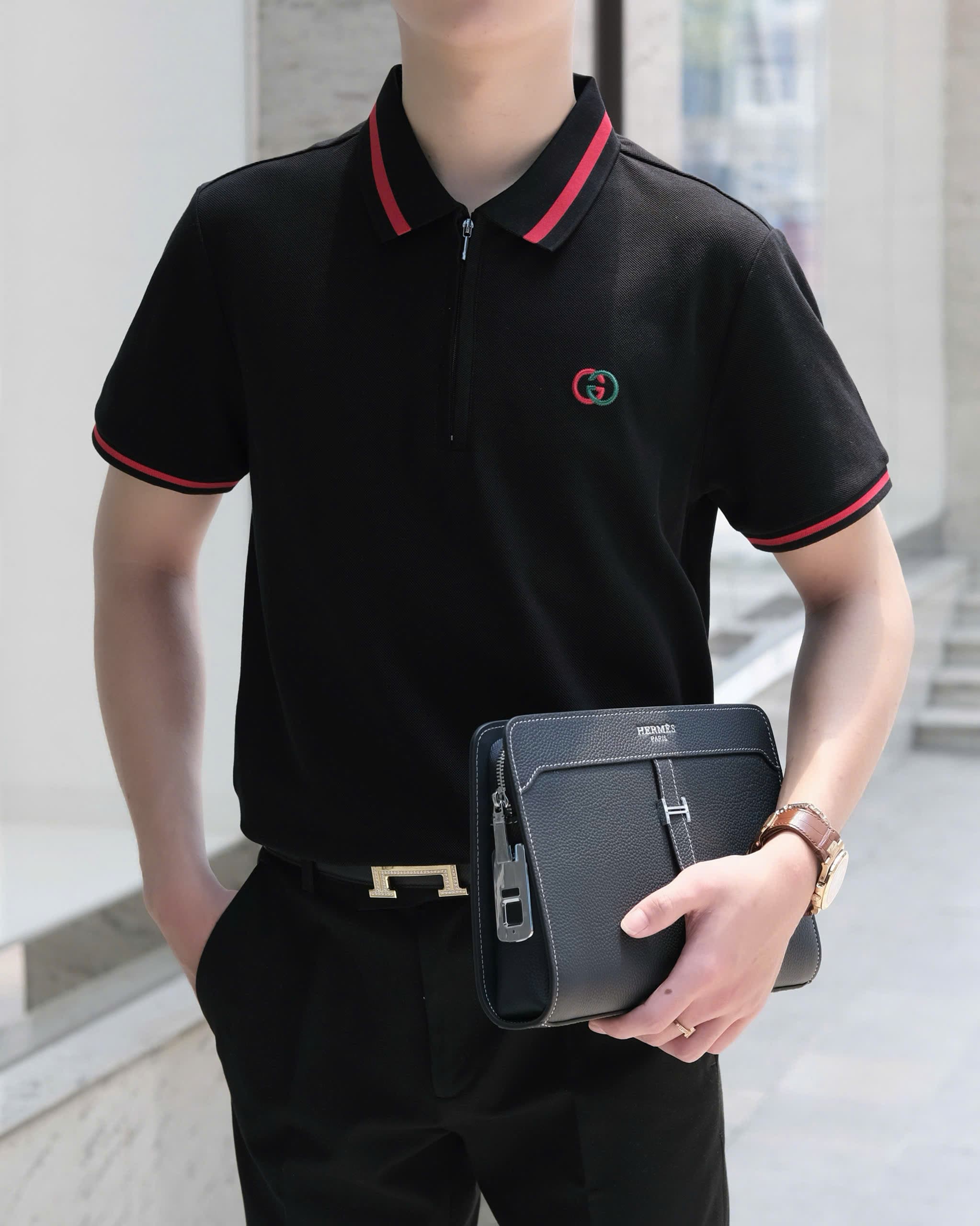 ÁO POLO GUCCI GC KẺ SỌC TAY CỔ ĐỎ LOGO THÊU WASH NGỰC LIKE AUTH M-XXL DDT\ĐEN