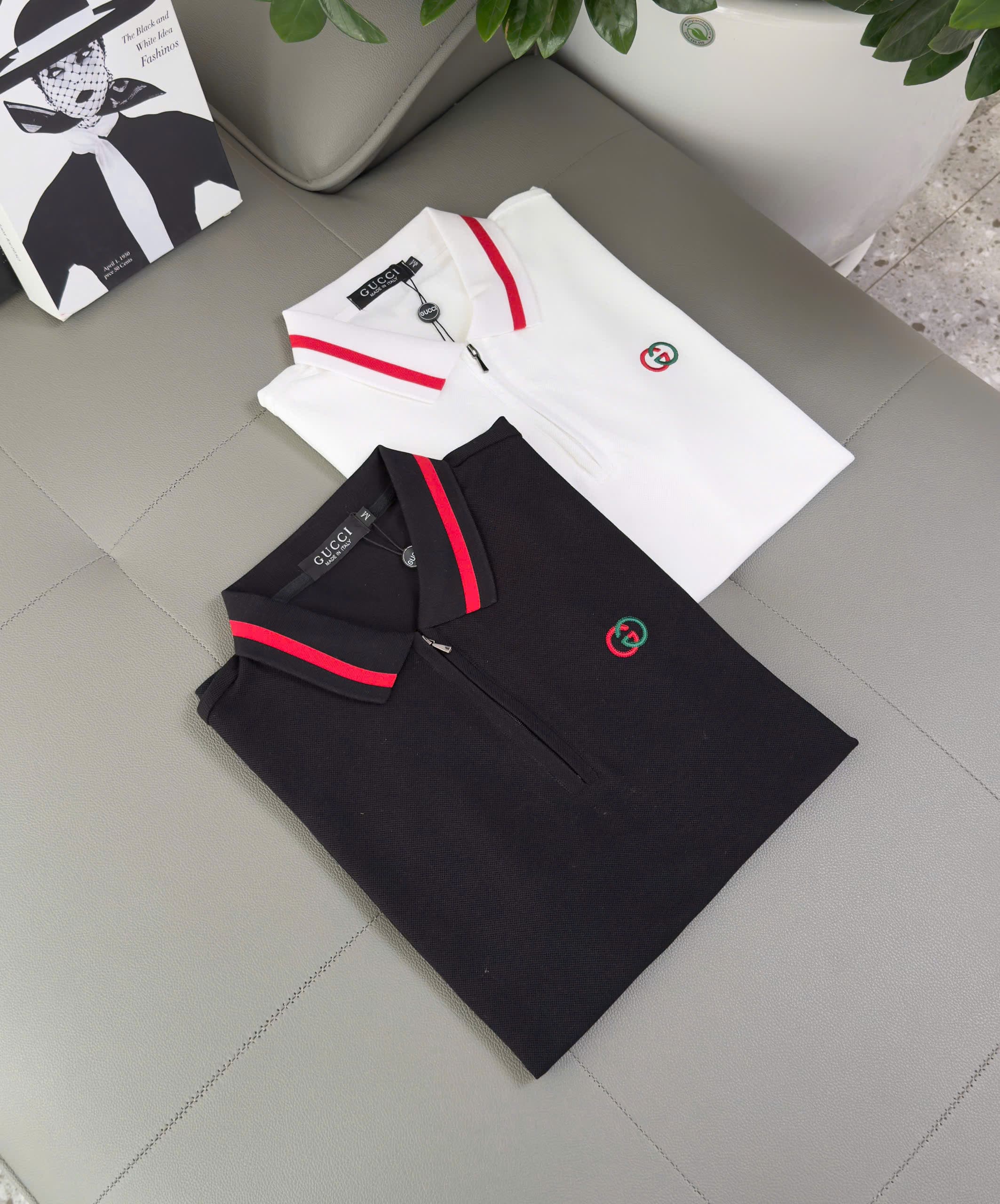 ÁO POLO GUCCI GC KẺ SỌC TAY CỔ ĐỎ LOGO THÊU WASH NGỰC LIKE AUTH M-XXL DDT\TRẮNG