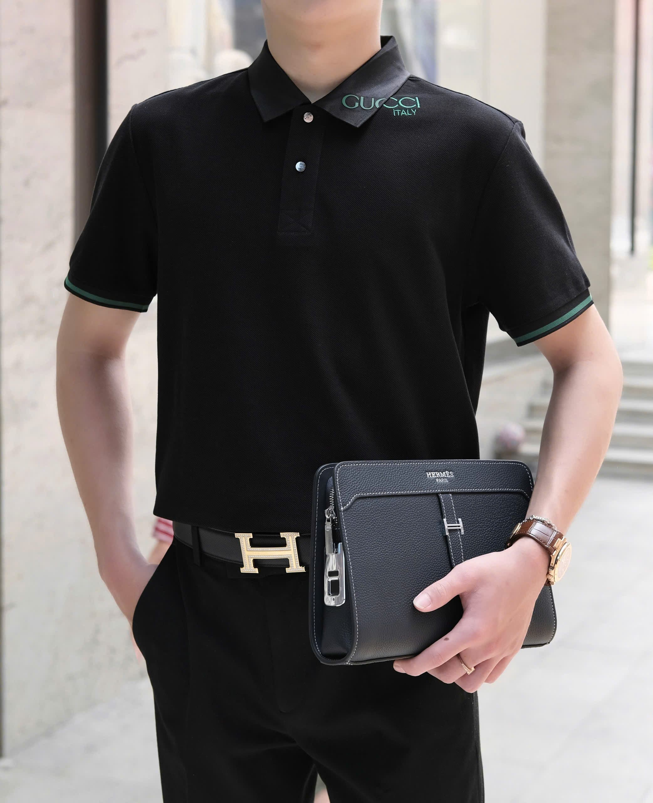 ÁO POLO GUCCI GC KẺ SỌC TAY LOGO THÊU CHECK CỔ VAI LIKE AUTH M-XXL DDT\ĐEN